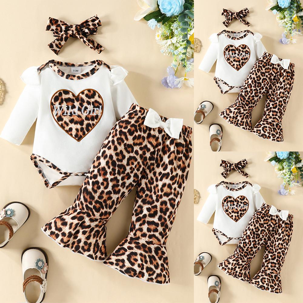 

Комплект одежды с леопардовым принтом для новорожденных девочек, комбинезон, расклешенные штаны, повязка на голову 0-3 Months белый