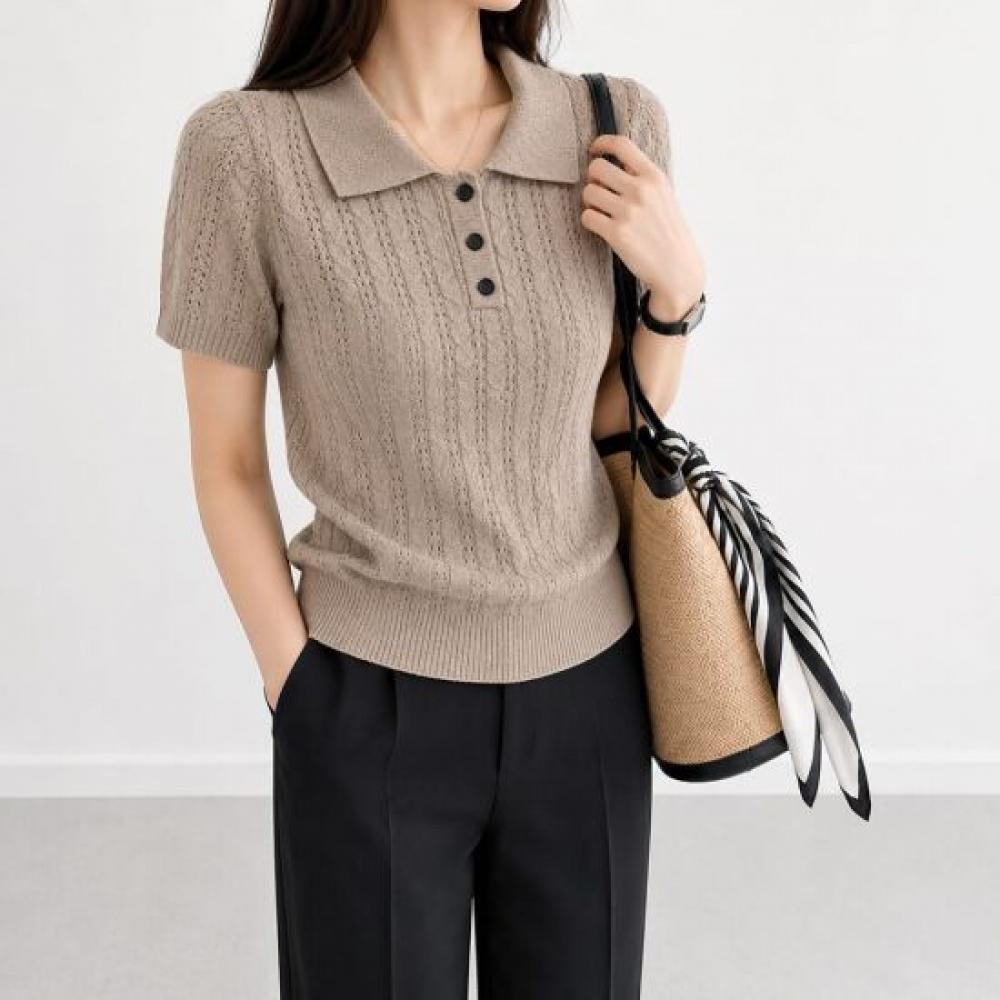 Mizqz WoMen S twiSted Collar Short Sleeve Knit Button Punching SuMMer Knit Tee M