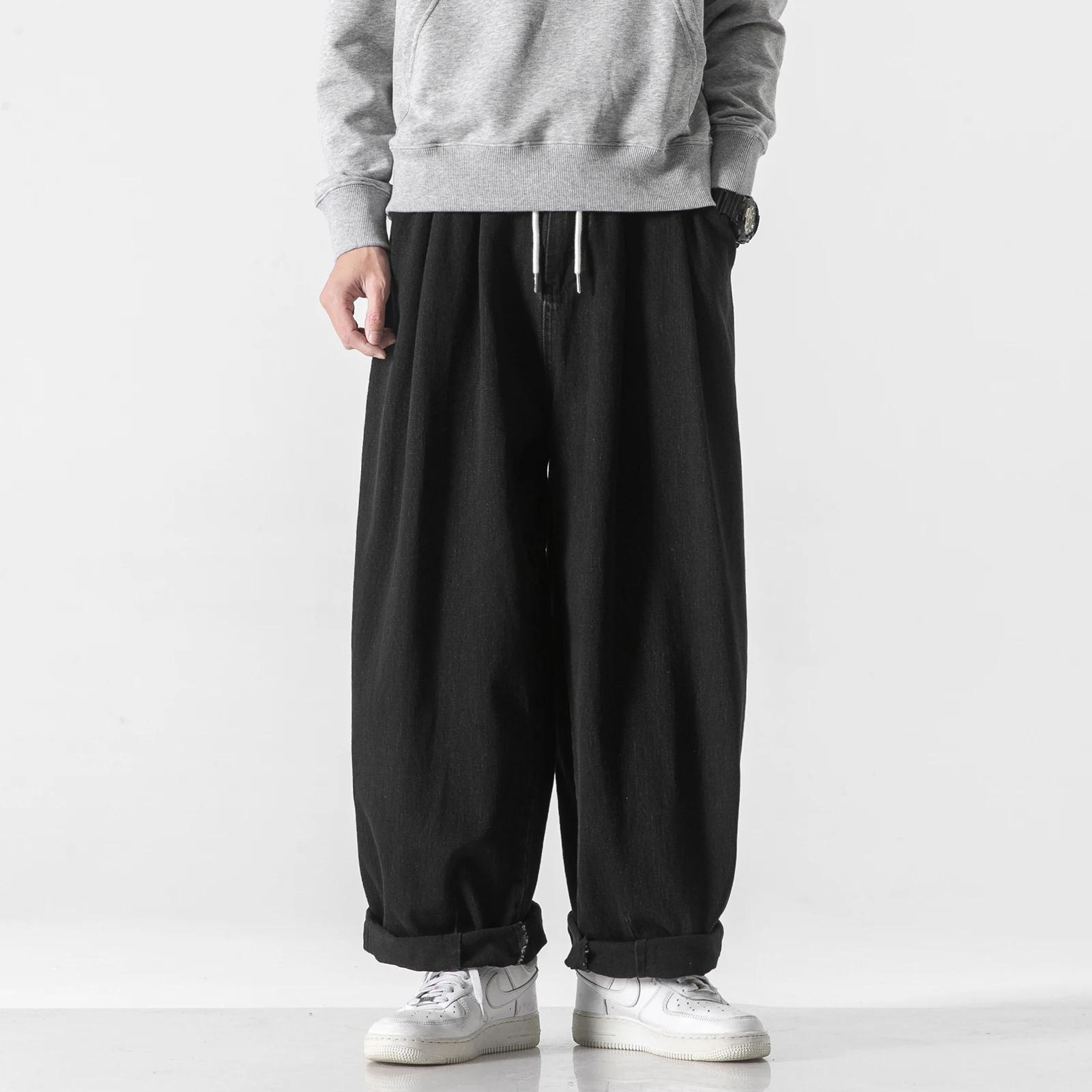 

Spring Men Loose Wide Leg Pants Men Vintage Elastic Waist Jeans Male Hip Hop Cotton Solid Color Trousers S чорний