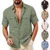 Mens Linen Button Down Shirt Short Sleeve Dual Chest Pocket Relaxed Fit Collared Open Front Casual Beach Overshirt