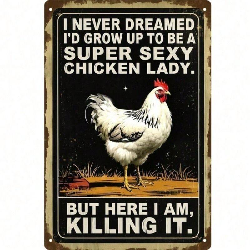 Retro Vintage Lady Chicken Metal Wall Art Kitchen Decor Tin Sign