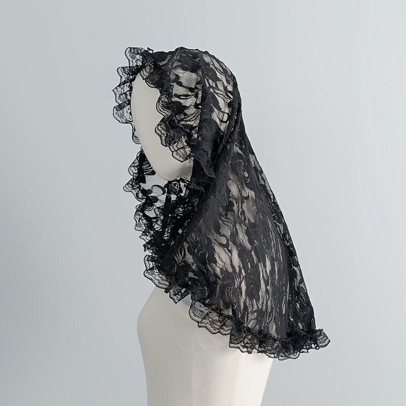 Black Rose Lace Head Veil Ruffled Edge Gothic Hooded Scarf For Halloween Cosplay Party Costume Accessory