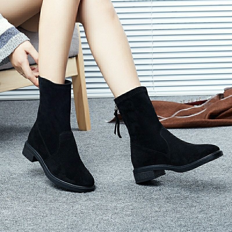 Korean Version Flat Bottom Short Tube Stretch Boots Rear Zipper Plus Cashmere British Style Short Boots Female College Style