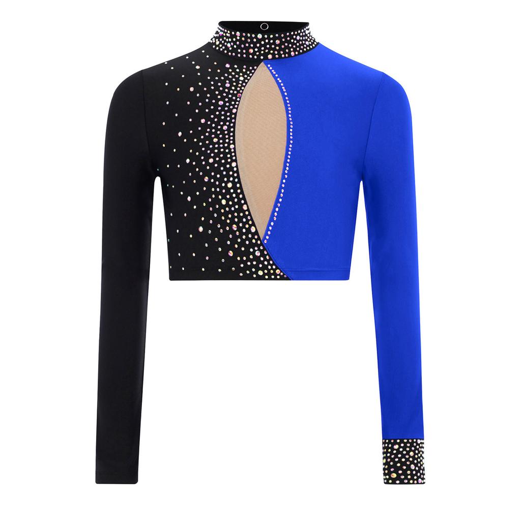 Jenter Kunstløp Topp Glitrende Rhinsteiner Fargeblokk Design Nøkkelhullrygg Cropp Topp