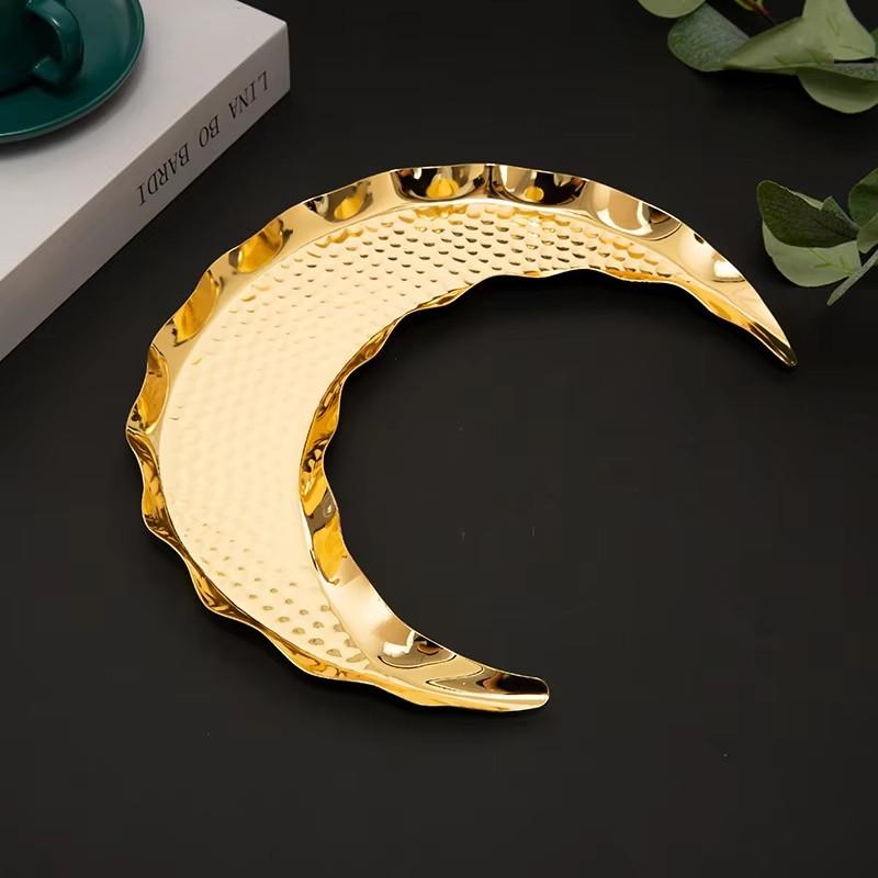 Gold Fruit Plate Moon Shape Ramadan Festival Alloy Candy Food Nut Fruit Storage Basket Wedding Home Desktop Tray Decoration