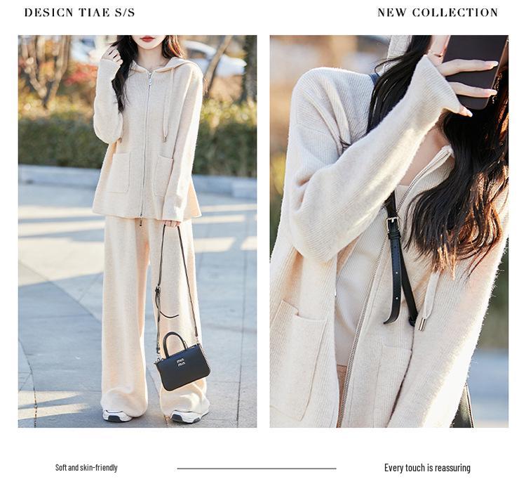 Women's Casual Wool Cardigan & High-Waisted Wide-Leg Knit Pants Set