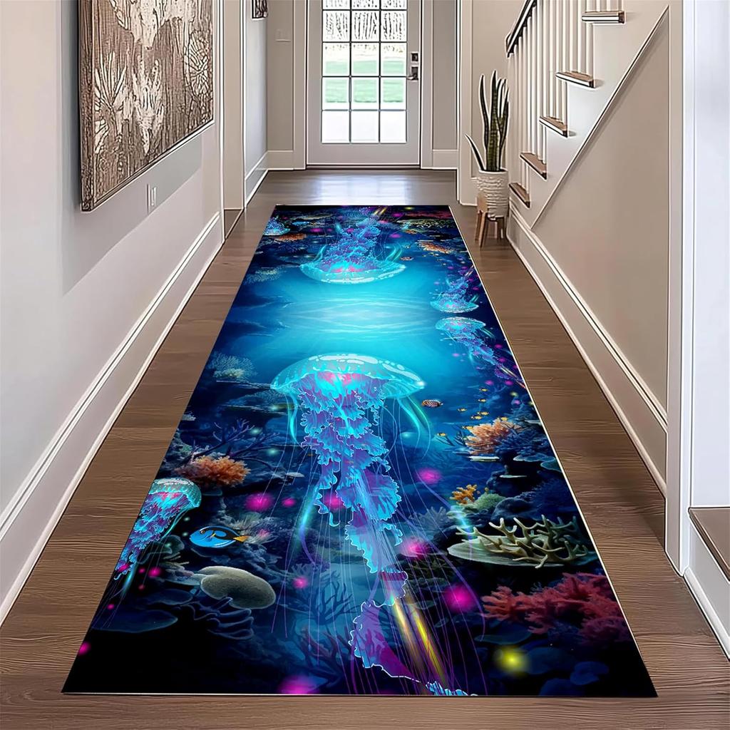 Ocean Theme Runner Rug 3D Vision Coral Reef Fish Starfish Jellyfish Printed Non-Slip Carpet  for Hallway Living Room Floor Decor