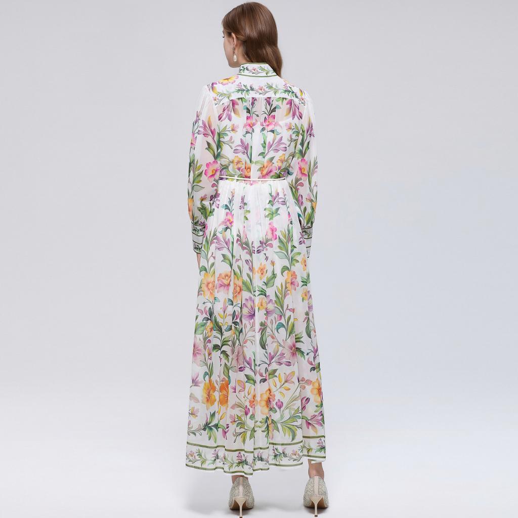 Robe de plage florale magnifique pour les vacances Printemps Été 2026 pour femmes Manches lanterne à col montant Boutonnage simple Ceintures Robe ample en mousseline