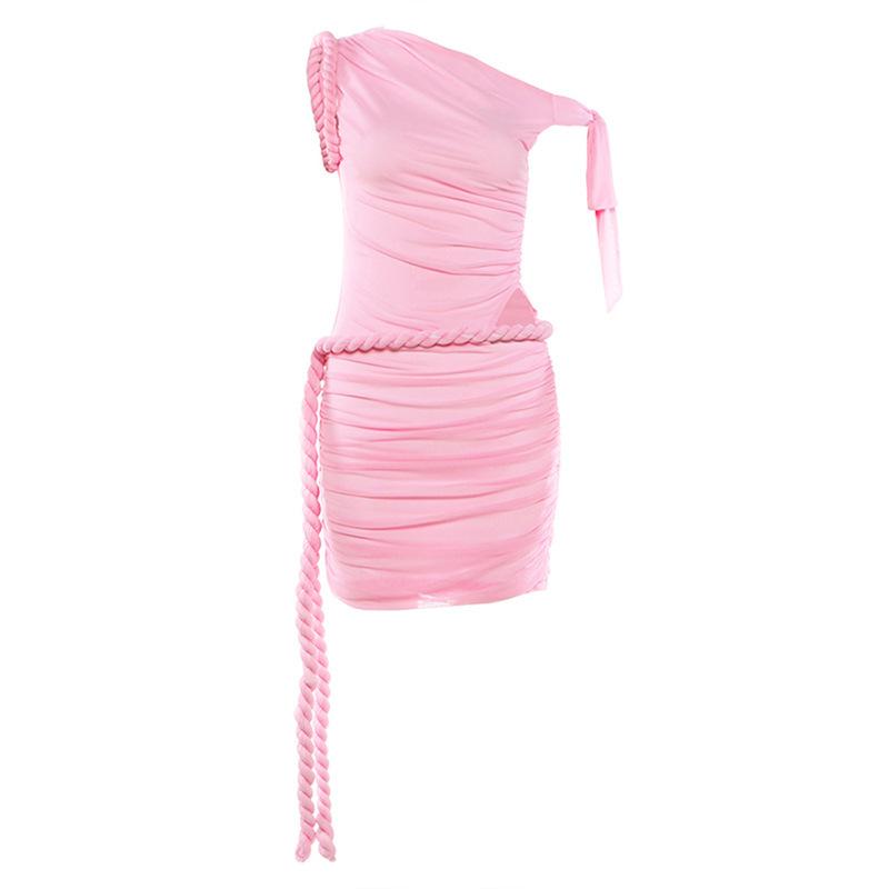 European and American style 2026 summer new women s clothing single shoulder pendant slightly transparent mesh pleated hip-wrapped short dress S