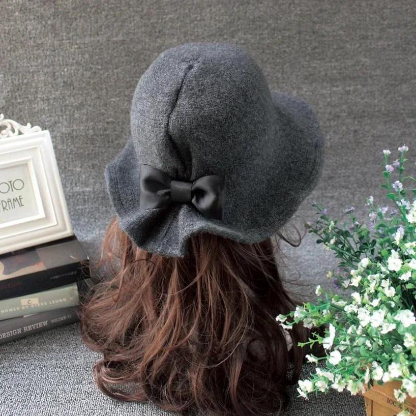 1Pcs Autumn Winter Fedoras Women Hat Elegant Vintage Bowknot Wool Ladies Hat Dome Felt Wedding Church Jazz Cap Female Bow Bowler
