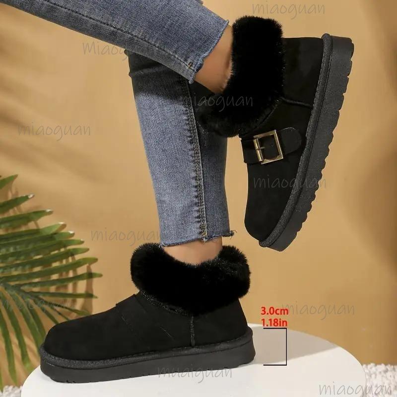 Fashion Casual Metal Buckle Decoration Thick Bottom Snow Boots Fashion Faux Fur Low Heel Boots Women Winter Warm Short Plush Shoes
