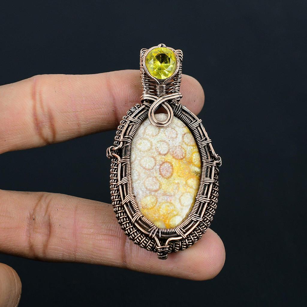 Amazing Fossil Coral & Citrine Gemstone Handmade Pure Copper Wire Wrap Jewelry Pendant