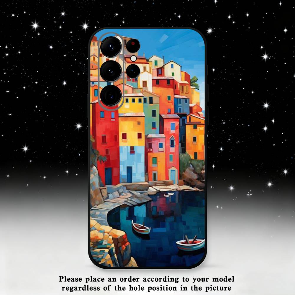 Stylized Houses Painting Phone Case For Samsung S25,S24,S23,S22,S21,S20,S10,Ultra,Plus,Lite,FE,Soft Silicone Black Cover