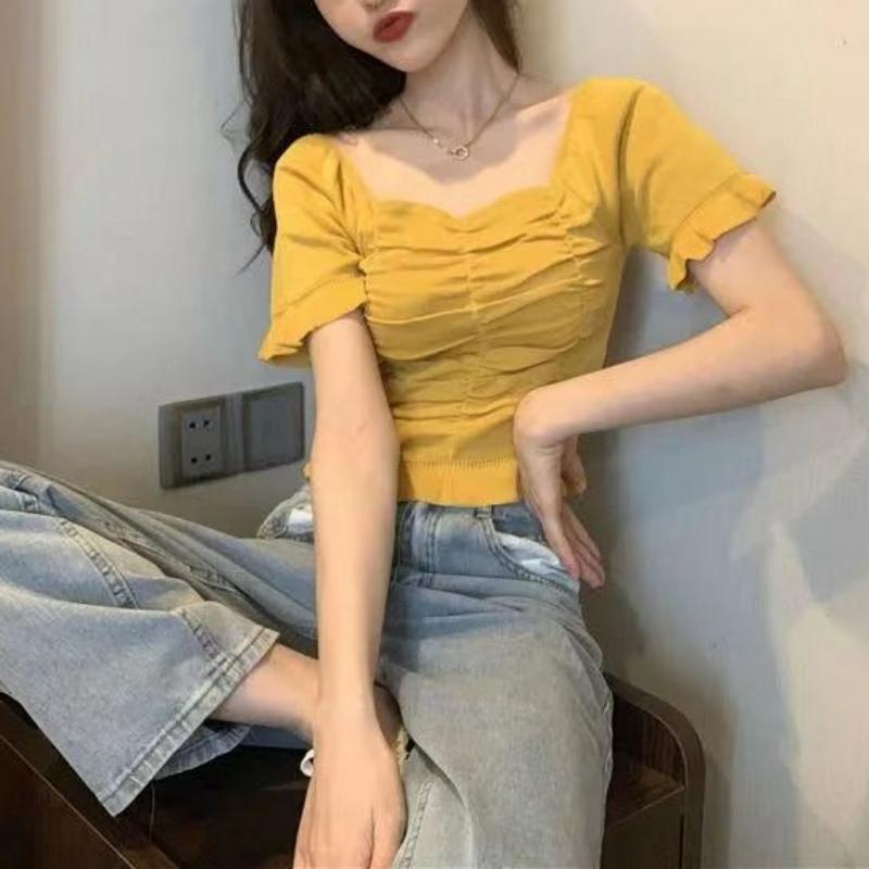 Summer New Fashion Simple Square Neck Design Feeling Short Sleeve Knitted T-shirt Women Solid Ruffles Backless Loose Short Tops