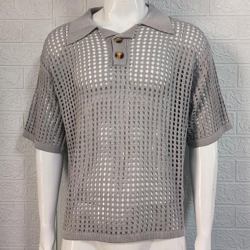 Summer Men's Lapel Hollow Knit Sweater Fashion Loose Large Size Knit Sweater
