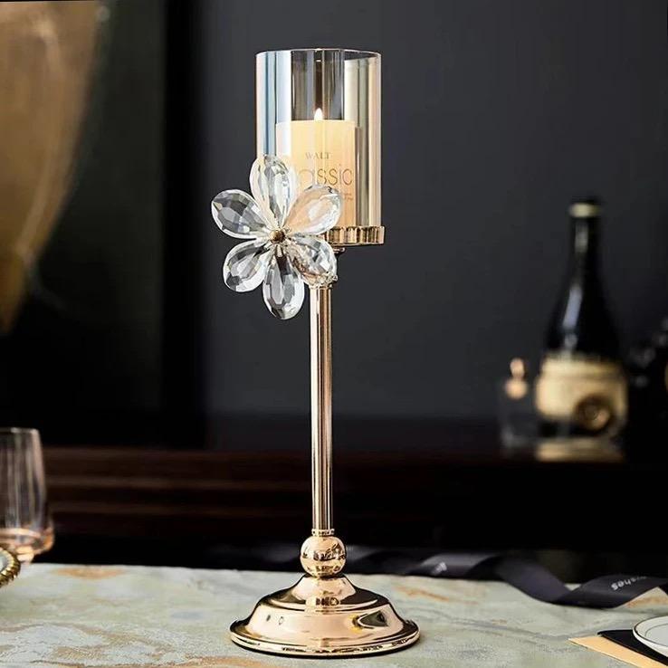 European Crystal Flower Metal Candle Holder, Vintage Romantic Candlelight Decor Stand