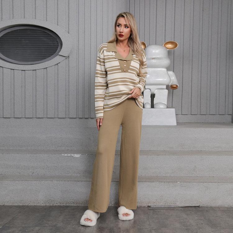 

Контрастные полосы на лацканах, универсальный повседневный трикотажный комплект из двух предметов для женщин One size верблюд