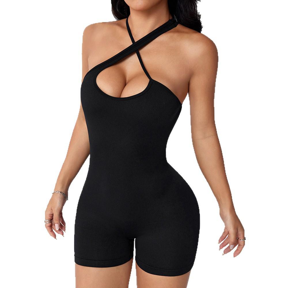 European & American Crossback Open-Back Elastic Fitness Jumpsuit