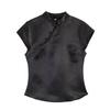 2026 Womens Street Style Satin Top Side Buttons Short Sleeve Stand Collar T Shirt XS-L