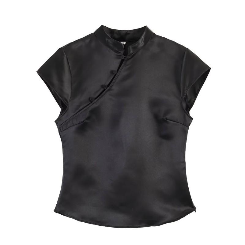 2026 Womens Street Style Satin Top Side Buttons Short Sleeve Stand Collar T Shirt XS-L