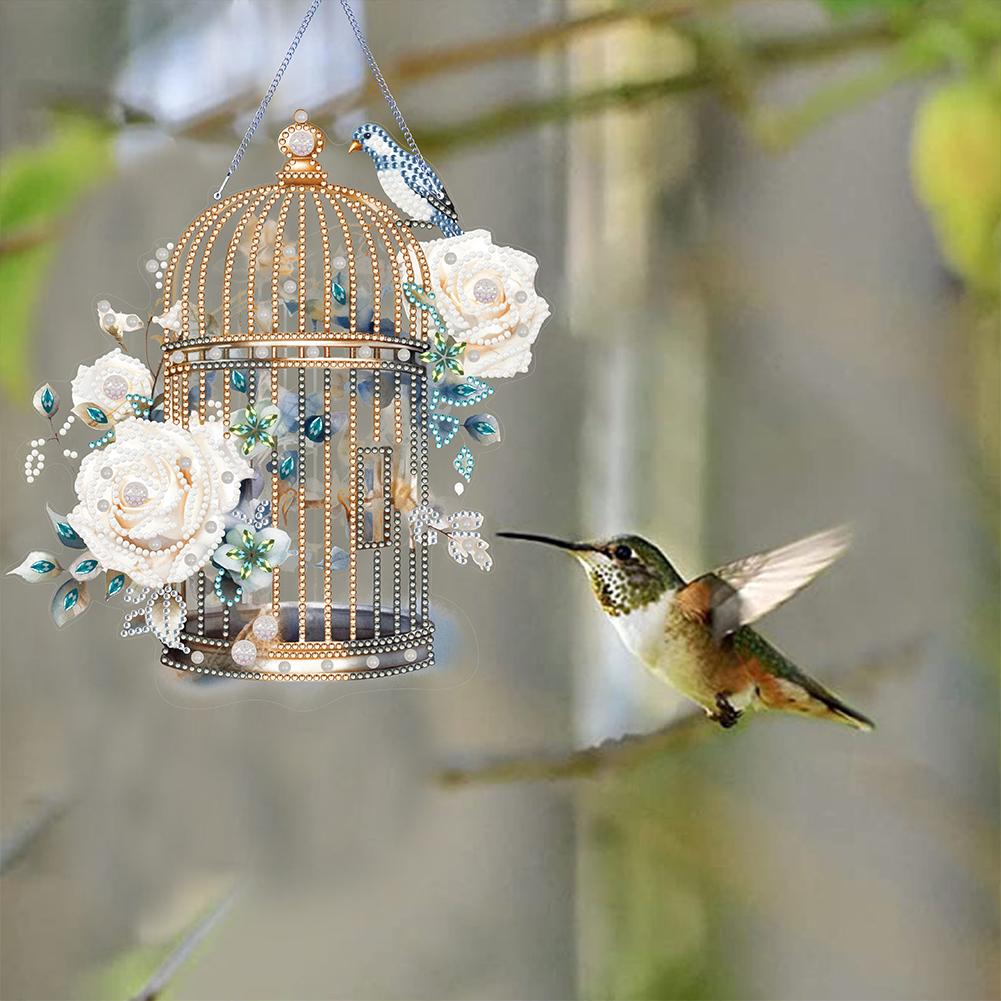 Acrylic Diamond Art Hanging Pendant Flower Birdcage Single-Sided 5D DIY Diamond Painting Dots Pendant for Home Wall Decor