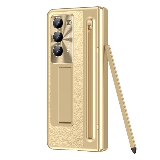 Phone Case for Samsung Z Fold 6 PC Shell with Pen Slot Spring Hinge Protection & Integrated Kickstand Full-Body Cover with Tempered Glass Screen Guard