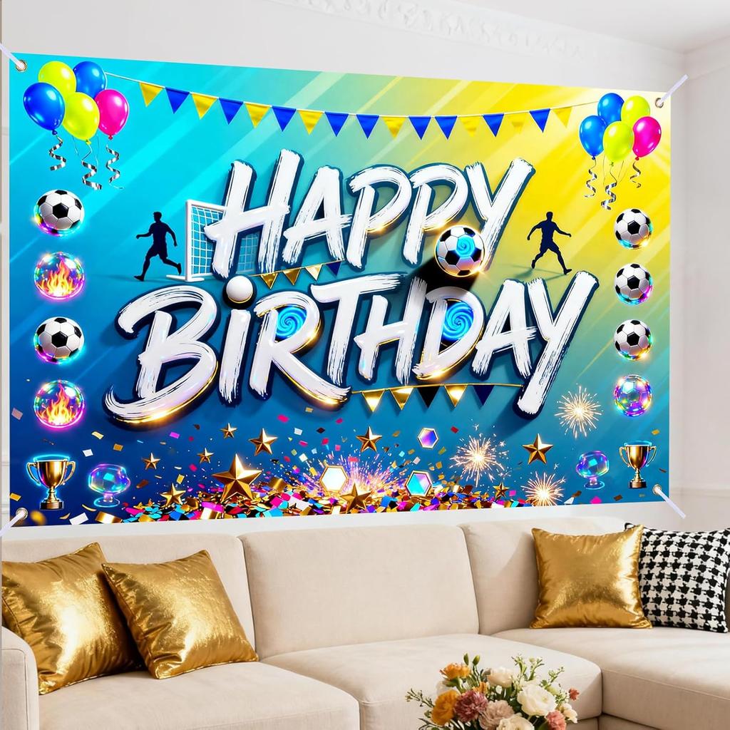 Glowing Soccer Happy Birthday Banner, Large Sports Backdrop for Outdoor Indoor Party Photo Booth