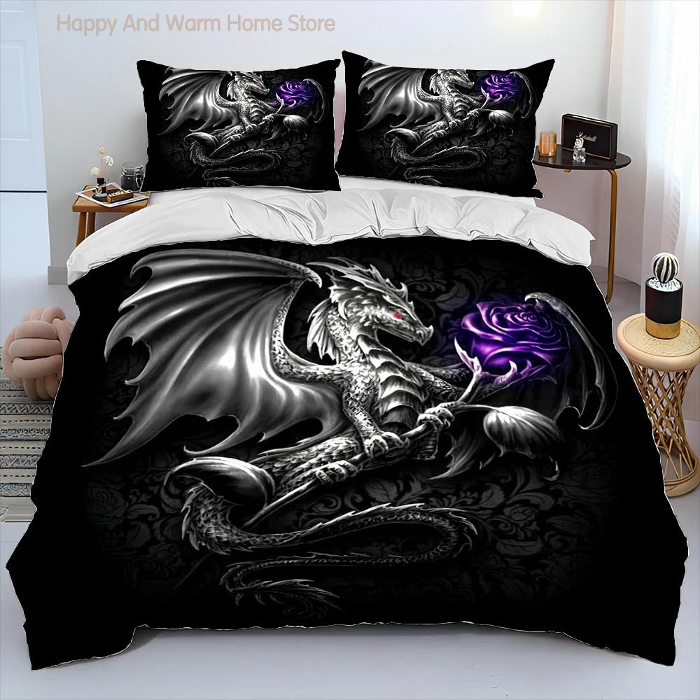 Drachen Cartoon Bettdecke Bettwäscheset, Bettbezug Bettset Steppdecke Kissenbezug, King Queen Size Bettwäscheset für Erwachsene Jungen Geschenk
