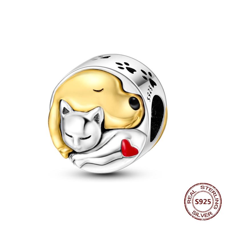 Copper Original Dog Cat Safety Chain Lazy Cat Pink Zircon Pet Paw Print Footprint Charms Fit Bracelet For Women Diy Jewelry