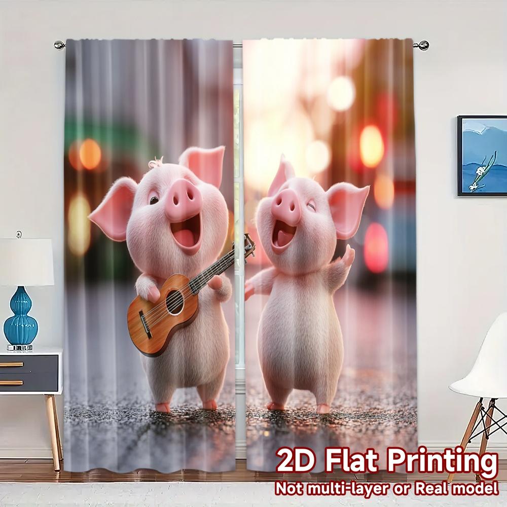 

Set Of 2 Flat Printing Curtains Without Rod Piggy Duet Popular Window Curtain Durable Polyester Gifts Bedroom Ideal For Decor W100*H70(CM)-Hooks&1PCS