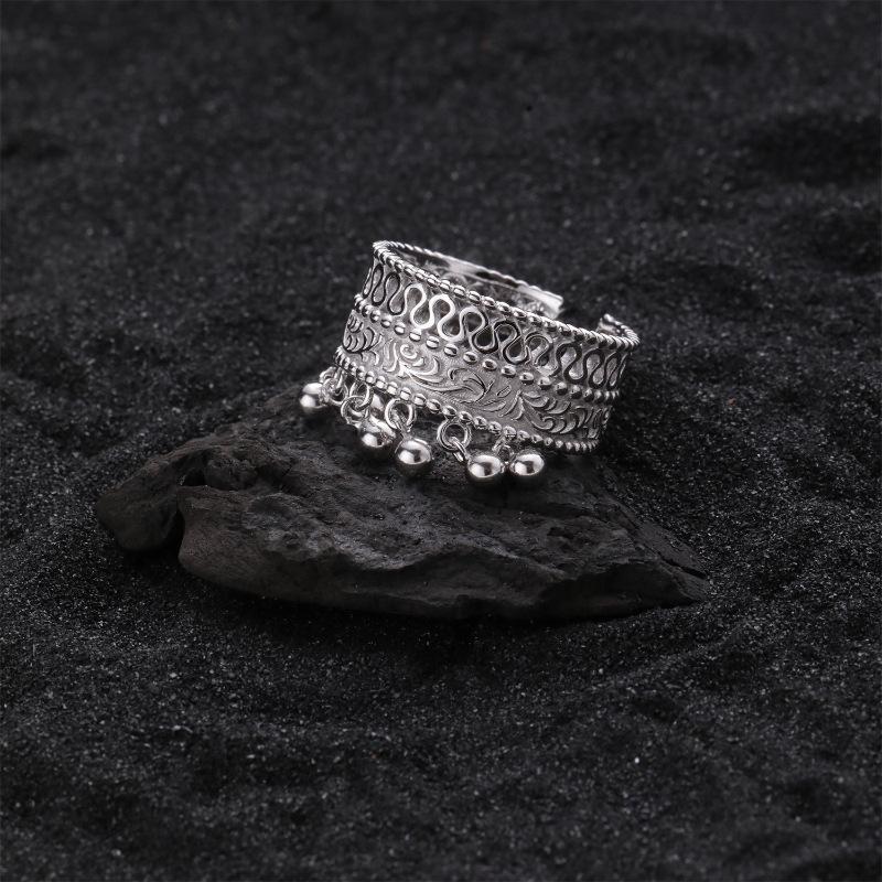 

New Chinese Style Retro Round Bead Tassels Lace Hollowed-out Pattern Opening Ring for Women Stainless Steel Charm Finger Jewelry resizable