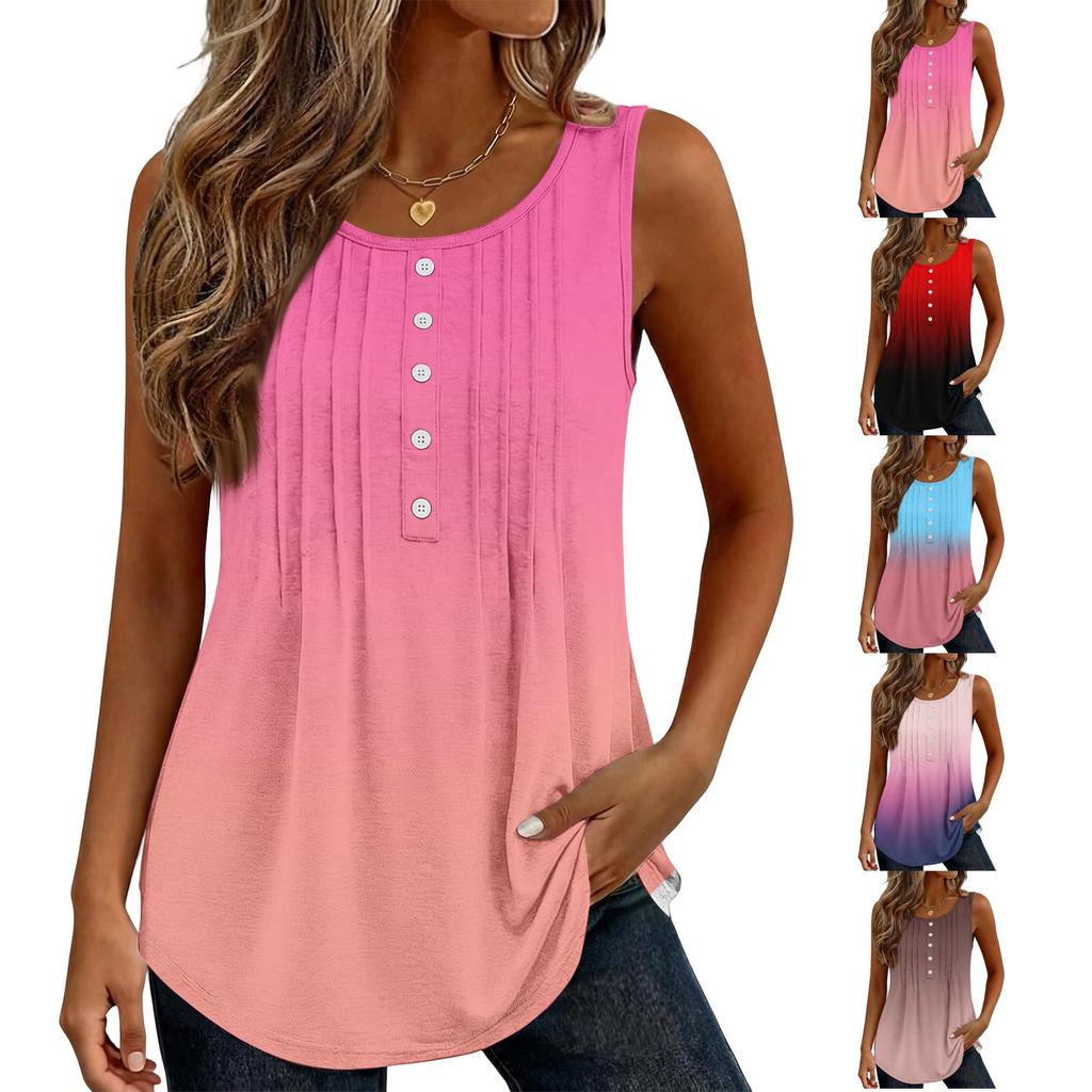 Women's Fashionable Casual Gradient Tie- V-Neck Decorated Button-Up Ruffled Sleeveless Vest T-Shirt Top