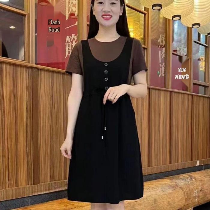 

Стильное женское платье большого размера из двух частей, визуально омолаживающее, с короткими рукавами и круглым вырезом, юбка миди. L чёрный