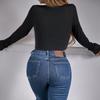 Sexy Hollow-Out Round Neck Long Sleeve Slim Fit Crop Top for Women