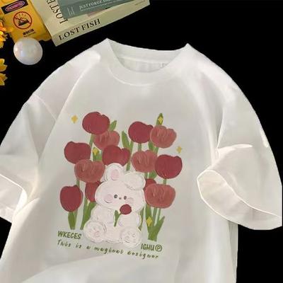 Summer Ladies Cute Cat Printed Cotton Breathable Style T-Shirt Short Sleeve