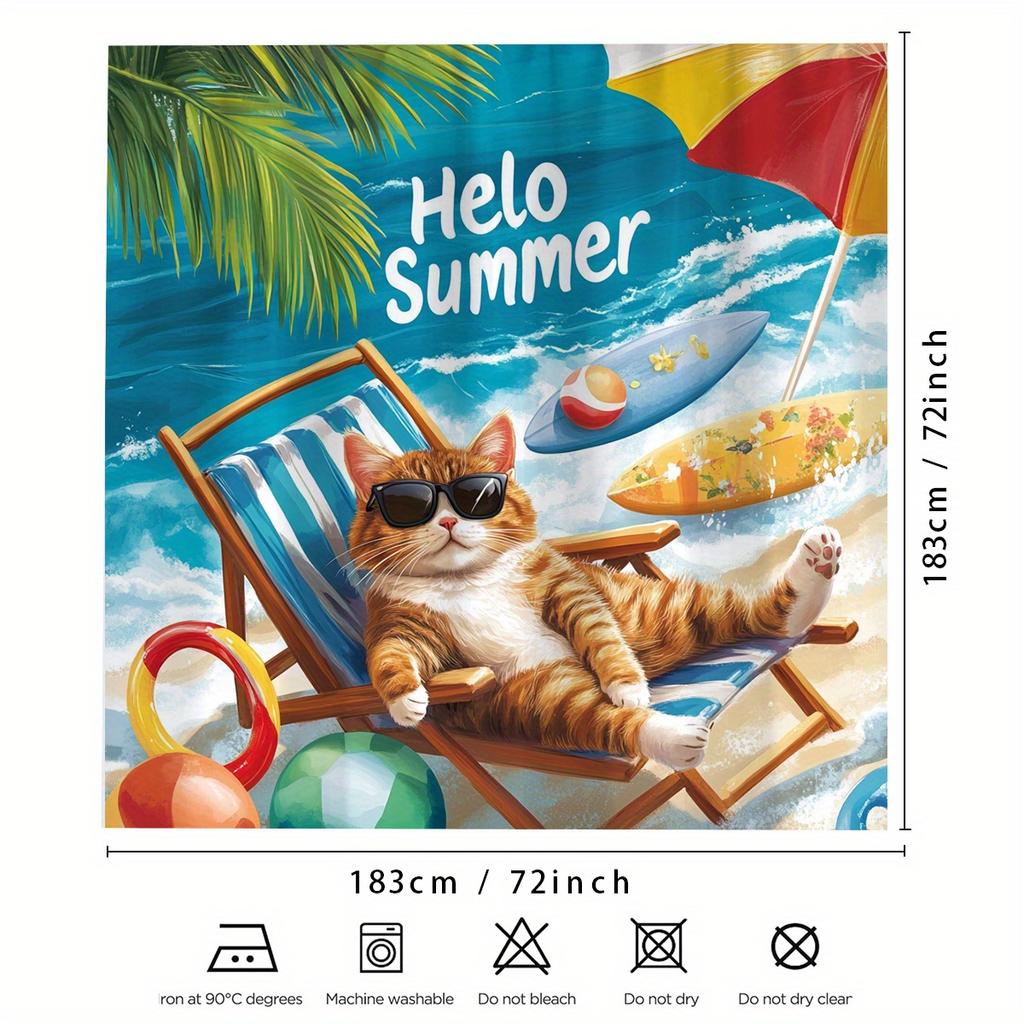 1 "Hallo Sommer" Katze Strand Szene Duschvorhang - Polyester, Maschinenwaschbar, Palmenblatt Gewebtes Design, Strand Zubehör Vorhang
