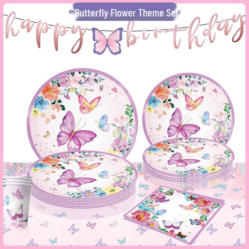 Purple Butterfly Party Theme Tableware Set - Napkins, Cups, Tablecloth, Plates