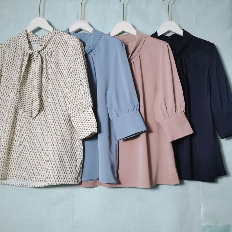 Export Tail Goods Ribbon Half Sleeve Shirt Women's Professional Commute Shirt Easiest for Match Stylish Bottoming Shirt Office Lady Style