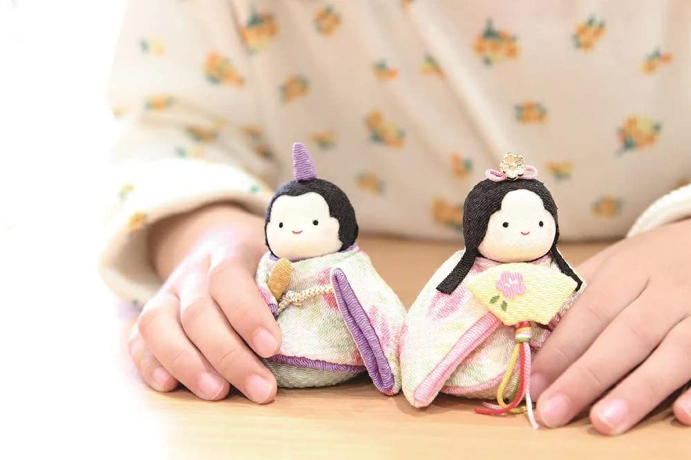 Ryukodo Hina Dolls with Original Rabbit Two Plump Hina Asanoha Compact Emperor and Empress Chirimen Fabric Hina Small Mini Hina Dolls Stand Display