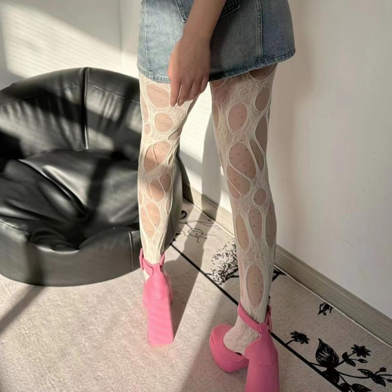 Women Goth Sexy See Through Fishnet Tights Stockings Hollowed Out Irregular Distressed Hole Sheer Mesh Pantyhose