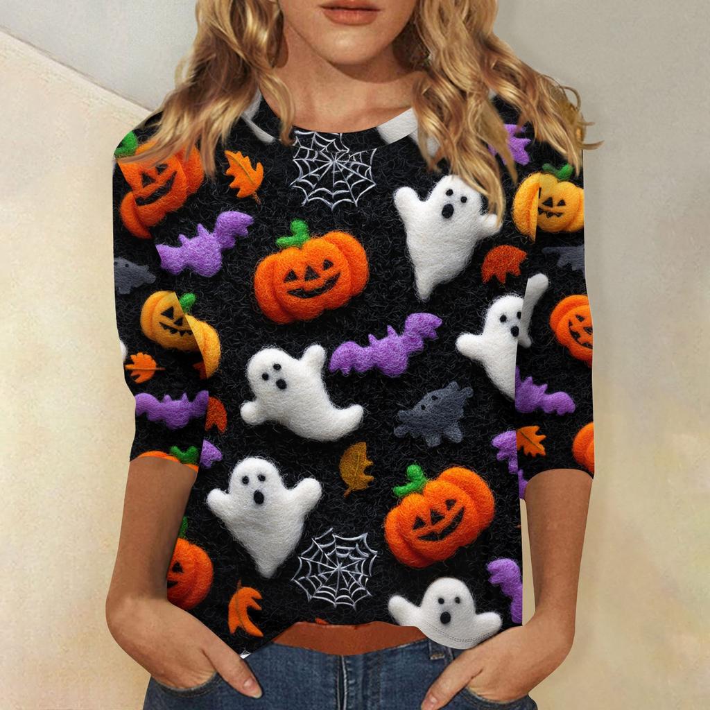 Women's Fashion Casual Round Neck 3/4 Sleeve Loose  Printed T-Shirt Ladies Top