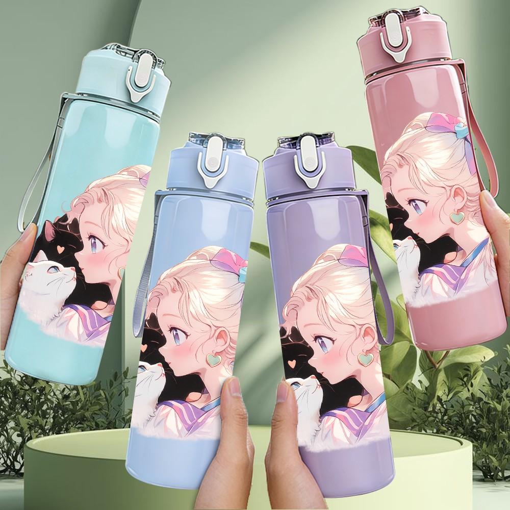 1PC Pastel Anime Girl Character Print 750ml Color Plastic Sports Water Bottle Leakproof Flip Straw Lid Suitable for Sports Office Home Use