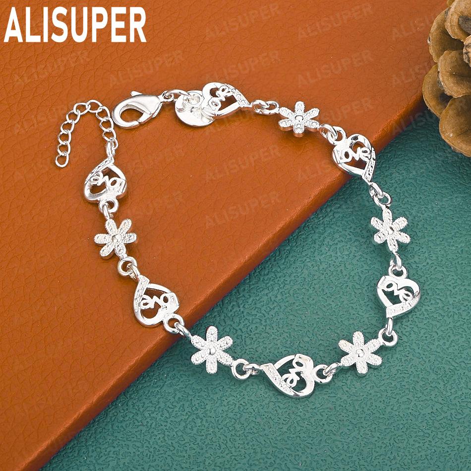 925 Sterling Silver AAA Zircon Heart Daisy Bracelet - Exquisite Gift Jewelry 20cm