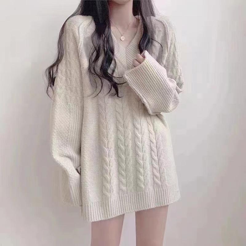 Autumn Winter Twist V Neck Loose Women Pullover Sweater Korean Fashion Casual Simple Office Medium Long Knitted Tops Elegant Retro Versatile Clothing