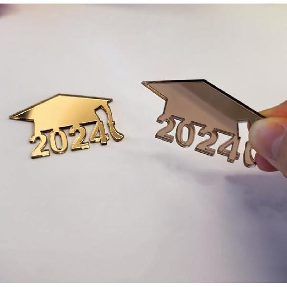 Set of 24 Graduation Silver Acrylic Cupcake Topper 2024,Mirrored Cupcake Charms 2024 Graduate Party Supplies Decoration (Style1, Silver) Style1