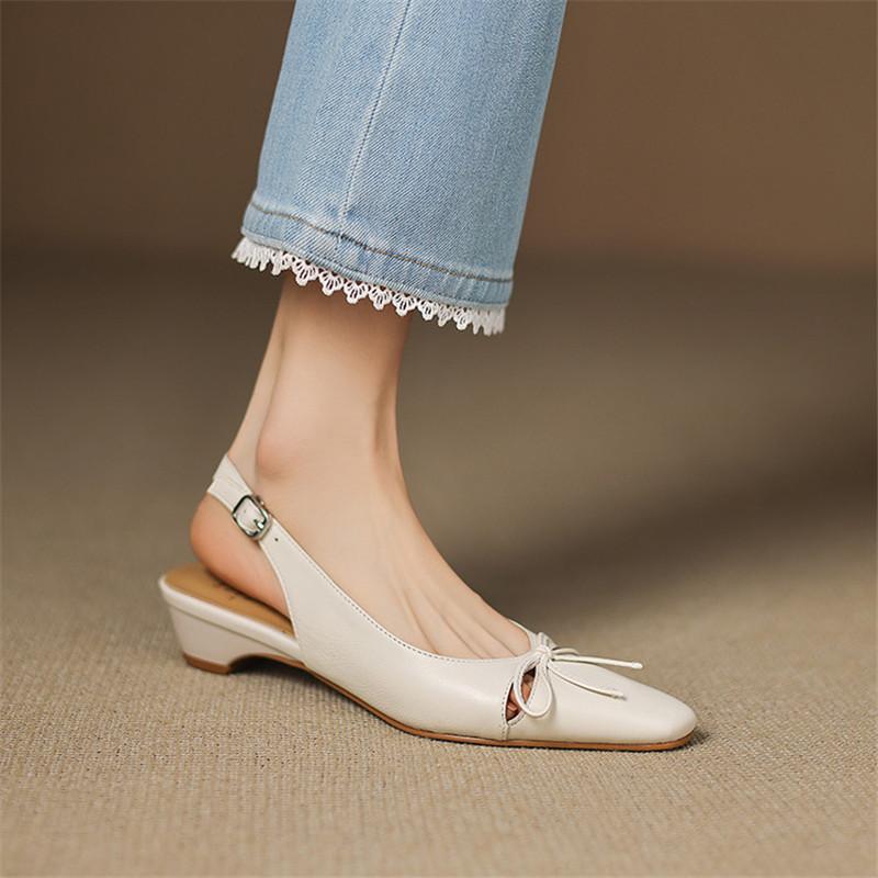 Fashion New Summer Sandals Genuine Leather Women Shoes Square Toe Sandals for Women Fashion Hollow Out Bow Sandals Low Heels Shoes