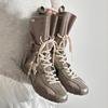 Cowhide version Fashion color matching thick-soled boxing boots women's straps inner height increase medium tube thick-soled Martin boots short boots