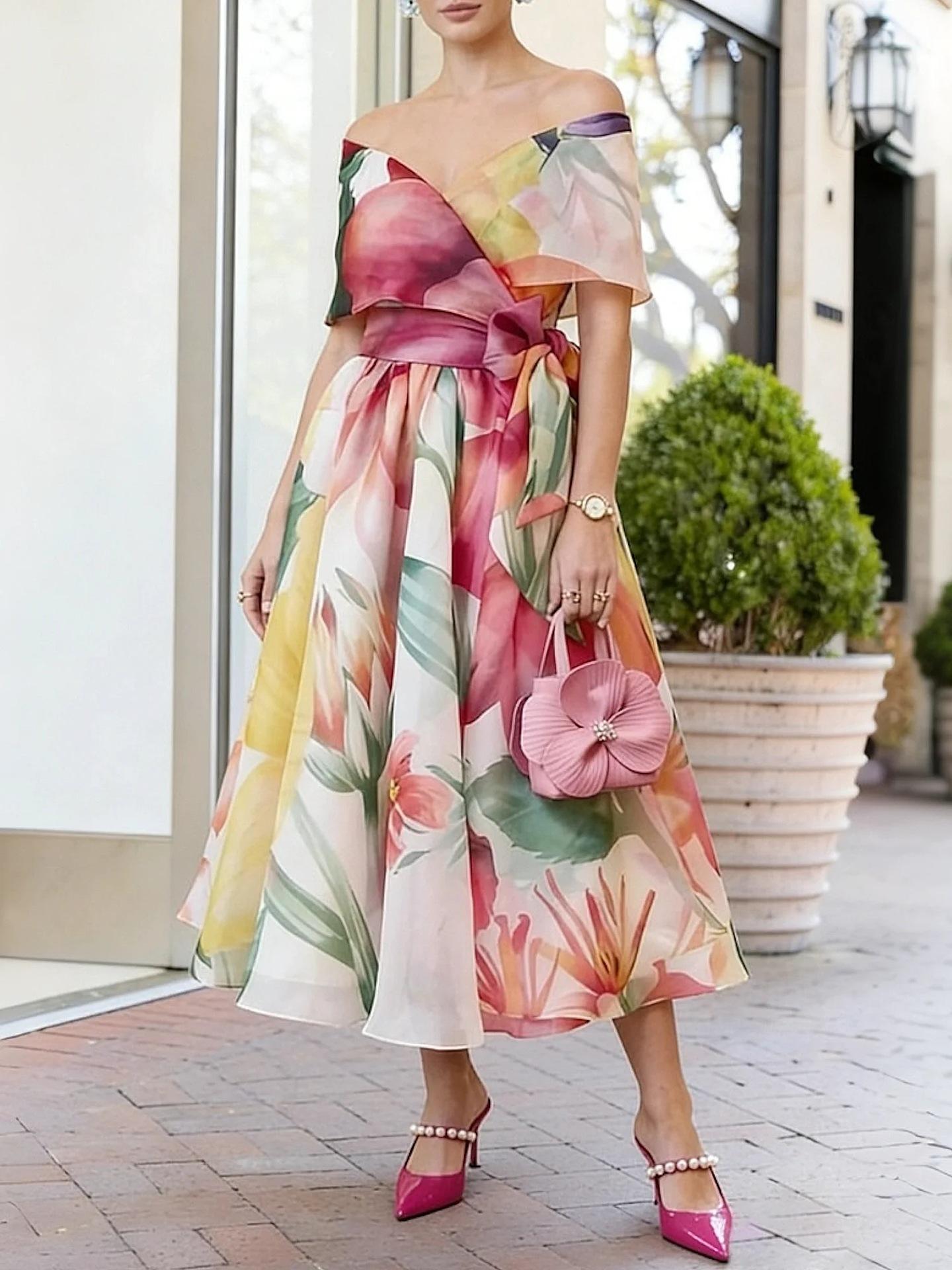 European summer new bohemian style elegant flower off-the-shoulder medium and long dress for women S