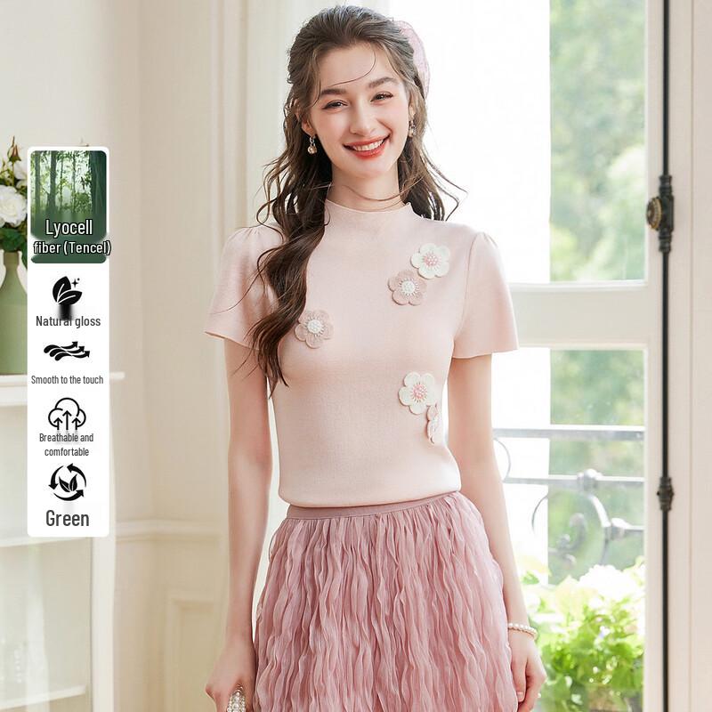 Haut Tricot Col Haut Perlé Floral Bailuyu pour Femme