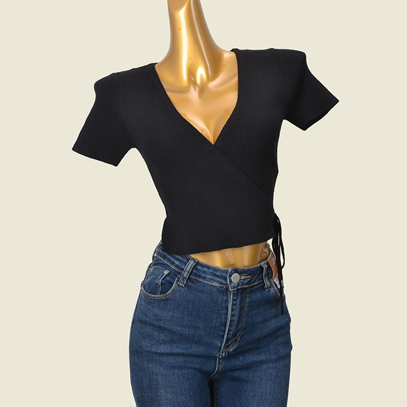 American Style Cross V-neck Side Waist Lace Up Slim Fit Short T-shirt Sexy Summer Short Sleeve High Elastic Midriff-Baring Top Women